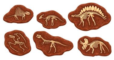 Cartoon dinosaur fossil bones, skeletons in stone vector