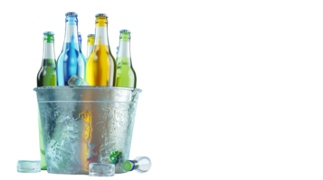 Bottles of in ice bucket cooler isolated on the transparent background, Format png