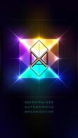 Neon bright glowing geometric illustration with DAO typography. Vertical template. Decentralized Autonomous Organisation, smart contract, cryptocurrency, blockchain technology for infographics vector