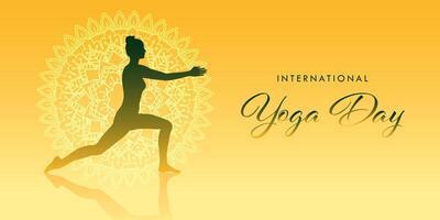 International yoga day banner design with silhouette of female in yoga pose vector