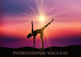 International yoga day with female in yoga pose in sunset landscape vector