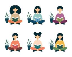 Set of a girl reading book with different hair style and colors. world book day concept. vector