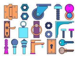 Ironmongery Element Illustration set. Different types of hardware and tools presented on a white background. vector