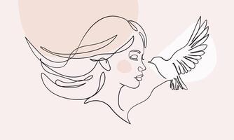 Woman with bird. Portrait minimalistic style. Line Art illustration. vector