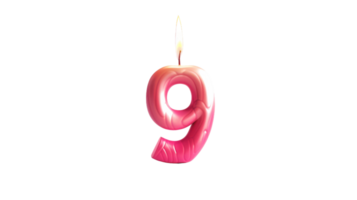 pink candle in shape of number nine on Transparent Background, Format png