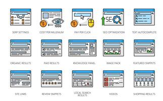 serp iconos, buscar motor resultado página, web contenido vector