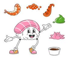 Cartoon Japanese sushi character with ingredients vector