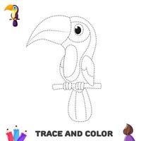 Activity worksheet for kids. Trace and color toucan. Handwriting practice page vector