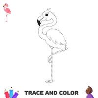 Activity worksheet for kids. Trace and color flamingo. Handwriting practice page vector