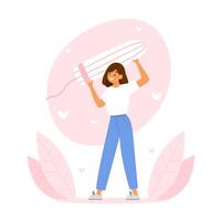 Girl hold a huge tampon in hands. Menstruation theme. vector