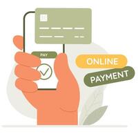 Online payment concept using phone app and bank card. Big hand hold phone vector