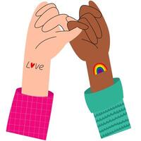 Two womans hands holding each other. Love is love.Pride month banner. LGBT community. vector