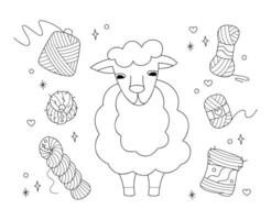 Set with cute sheep and skeins of yarn. Doodle outline black and white illustration. vector