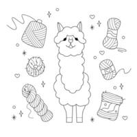 Set with cute alpaca and skeins of yarn. Doodle outline black and white illustration. vector