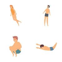 Swimming icons set cartoon . Active young people diving and swimming vector