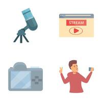 streaming icons set cartoon . Blogger live streaming on social media vector