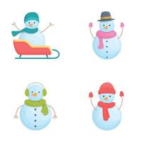 Cute snowmen icons set cartoon . Various cheerful christmas snowman vector