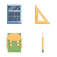 School accessory icons set cartoon . Backpack calculator ruler and pencil vector