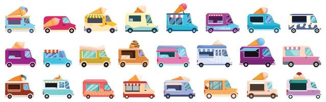 Ice cream truck icons set cartoon . Van roof dessert vector