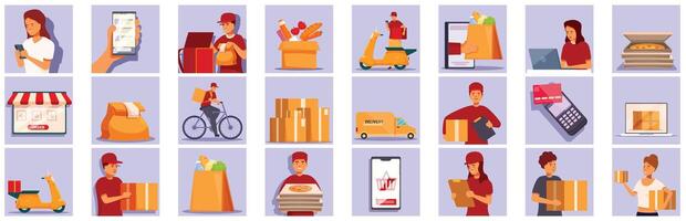 Ordering products home icons set cartoon . Mobile user vector