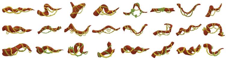 Twisted jungle plant vines icons set cartoon . Liana branch vector