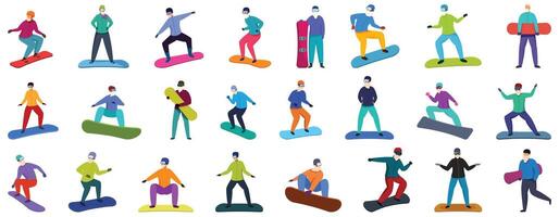 Envejecido hombre en tabla de snowboard íconos conjunto dibujos animados . invierno deporte vector