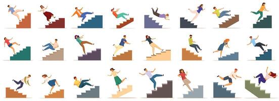 People falling down stairs icons set cartoon . Health insurance vector