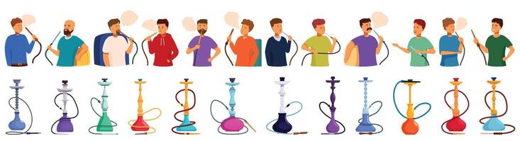 Man smoking hookah icons set cartoon . Tobacco lounge vector