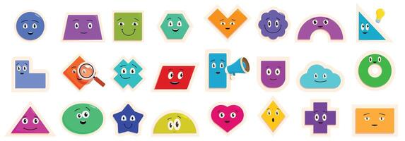 Funny geometric characters icons set cartoon . Comic creature vector