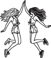 Girl Friends Jumping Sketch Drawing.