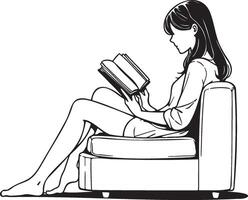 mujer leer libro bosquejo dibujo. vector