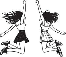 Girl Friends Jumping Sketch Drawing.