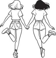 Girl Friends Jumping Sketch Drawing.