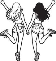 Girl Friends Jumping Sketch Drawing. vector