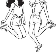 Girl Friends Jumping Sketch Drawing. vector