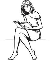 Woman Read Book Sketch Drawing. vector