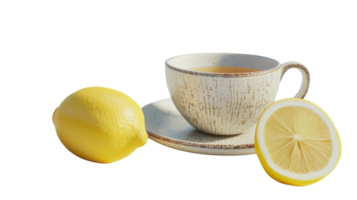 Lemon and cup of tea, on transparent background, format png