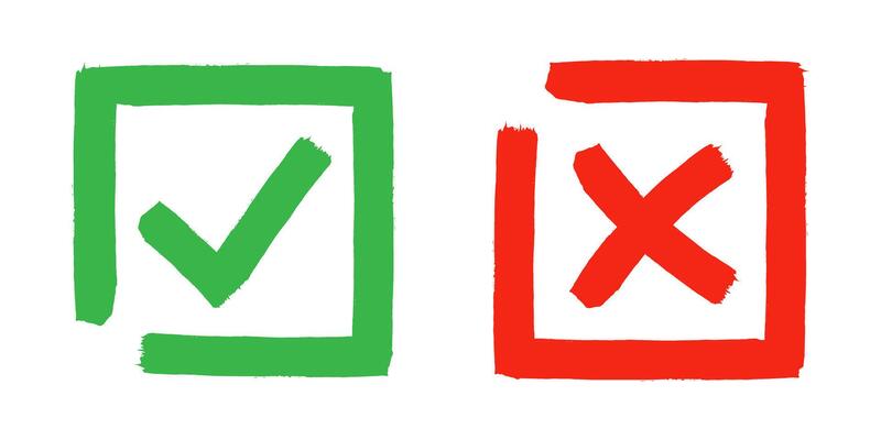 Dirty grunge cross x and tick OK check marks in check boxes, hand drawn with brush strokes illustration.