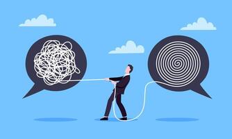 Unravel business chaos process with tangle difficult problem mess business concept flat style design illustration. vector