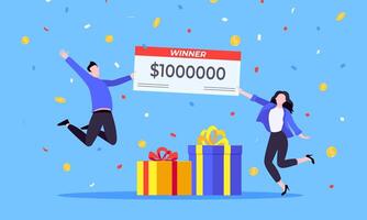 Happy lottery winners with big prize paycheck. Fortune lottery or casino gambling lucky games concept. vector