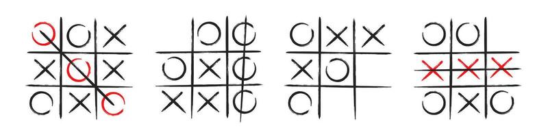 Tic tac toe xo game hand drawn grid doodle template illustration set isolated on white background vector