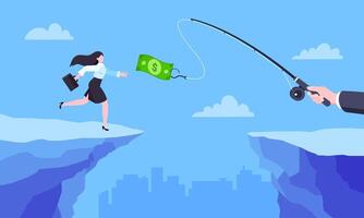 Fishing money chase business concept with businesswoman running after dangling dollar jumps over the cliff. vector