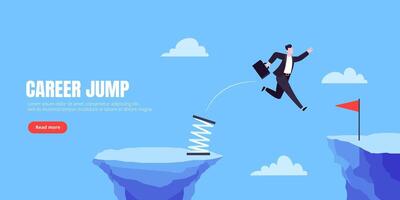 Businessman jumps over the abyss across the cliff flat style design illustration. Business concept of fearless businessman with huge courage. Risk, goal achievement, work obstacles and success. vector