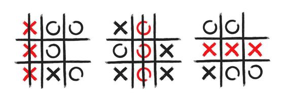 Tic tac toe xo game hand drawn grid doodle template illustration set isolated on white background vector