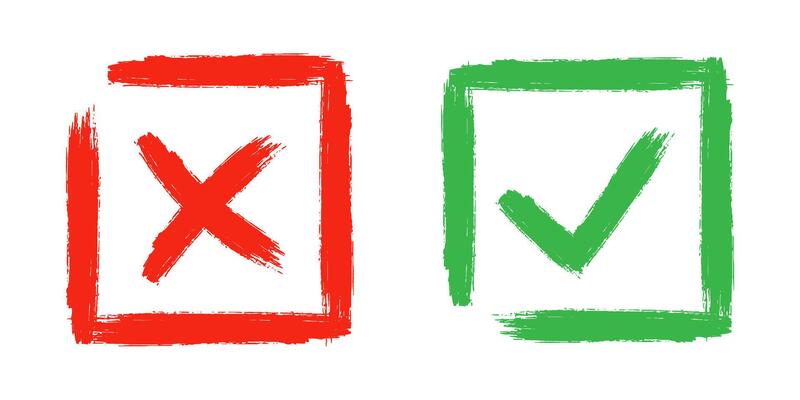 Dirty grunge cross x and tick OK check marks in check boxes, hand drawn with brush strokes illustration.