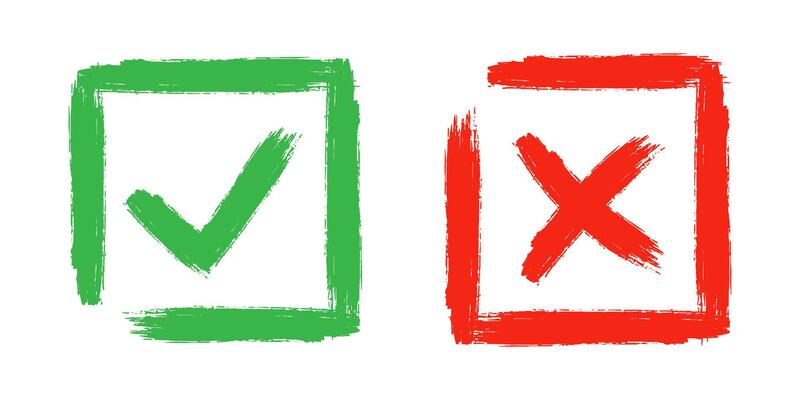 Dirty grunge cross x and tick OK check marks in check boxes, hand drawn with brush strokes illustration.