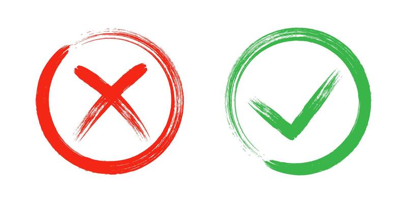Dirty grunge cross x and tick OK check marks in check boxes, hand drawn with brush strokes illustration.