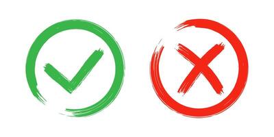 Dirty grunge cross x and tick OK check marks in check boxes, hand drawn with brush strokes illustration. vector