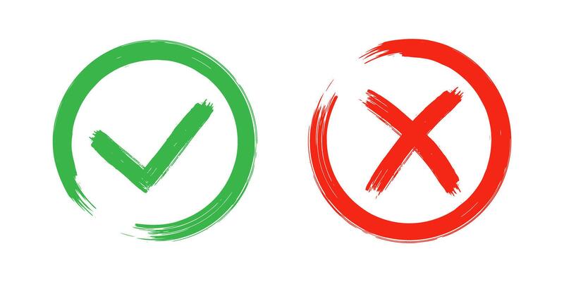 Dirty grunge cross x and tick OK check marks in check boxes, hand drawn with brush strokes illustration.