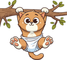 cartoon cat in a diaper hanging from a tree branch png